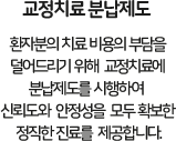 교정치료 분납제도 환자분 치료비용의부담을 덜어드리기 위해 교정치료에 분납제도를 시행하여 신뢰도와 안정성을 모두 확보한 정직한 진료를 제공 합니다.